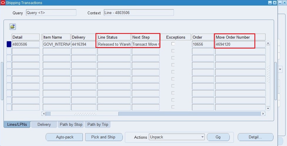 Details context. Oracle Inventory. Transact SM. Launch Picker.